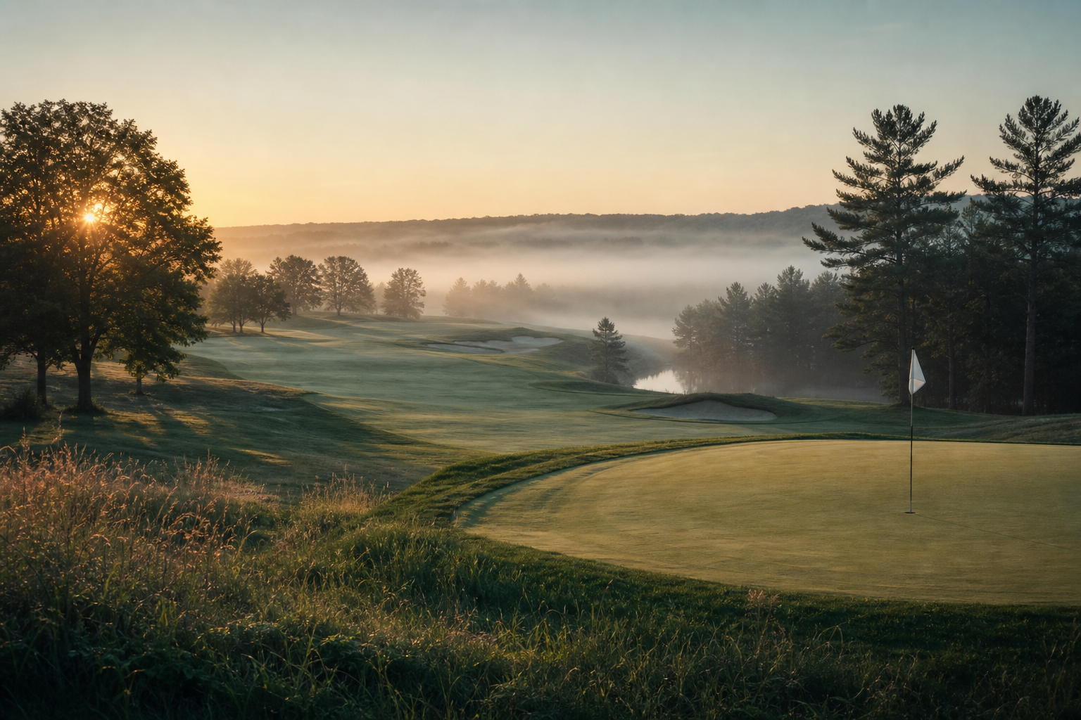 Um campo de golfe tranquilo ao amanhecer com neblina