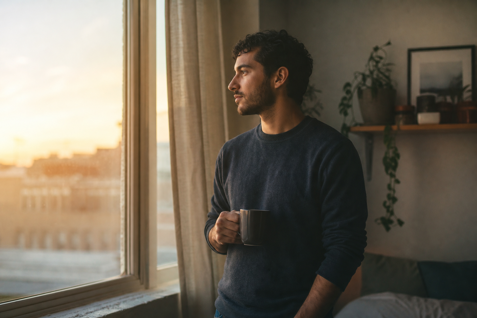 Um homem em pé junto à janela ao amanhecer segurando uma xícara de café